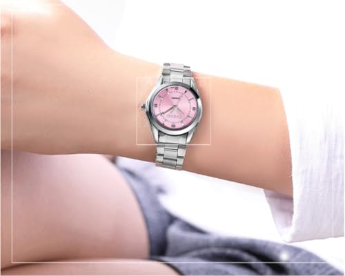 JOATVEE Relojes Pareja Hombre y Mujer Plata Impermeable Reloj de Acero Inoxidable Moda Suo y Sus Relojes de Pulsera de Cuarzo Regalos, Women-Pink, Pulsera - imagen 4