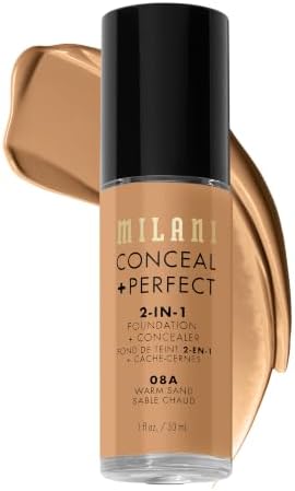 Milani Conceal + Perfect 2-In-1 Cruelty-Free Natural Full Coverage Liquid Foundation + Concealer (Warm Sand, 1 Fl. Oz.) Blemishes & Skin Discoloration, Dry
