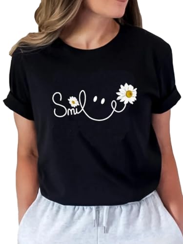 Women's Boho Flower T Shirt Vintage Flowers Printed Shirt Colorful Wildflower Graphic Tee Casual Botanical Short Sleeve(XL,Black-20)