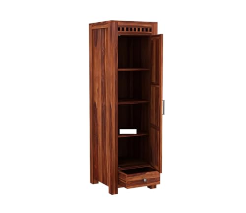 Image of Sheesham Wood Wooden Single Door Wardrobe Organizer for Clothes | - Solid Wood Almirah with 1 Drawers, 4 Shelves - Cupboard for Large Bedroom, Natural Finish