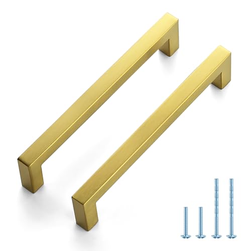 JOY DECOR Gold Cabinet Handles Square Cabinet Pulls, 6-1/4 Inch CC, 10 Pack