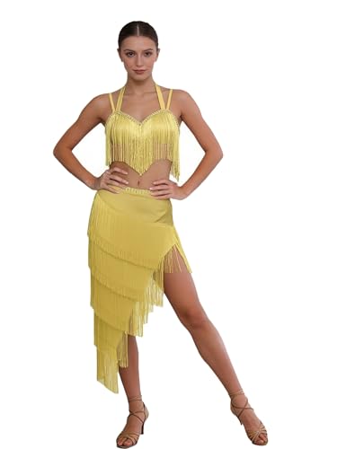 Robe danse latine jaune ranrann : tenue de spectacle salsa chacha rumba samba avec jupe franges