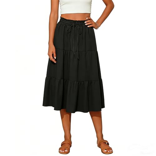 ROFUSSO Femme Jupe Midi Élégante à Fleurs Jupes Trapèze Taille Haute pour L'été Jupe de Plage Jupes… – Vignette