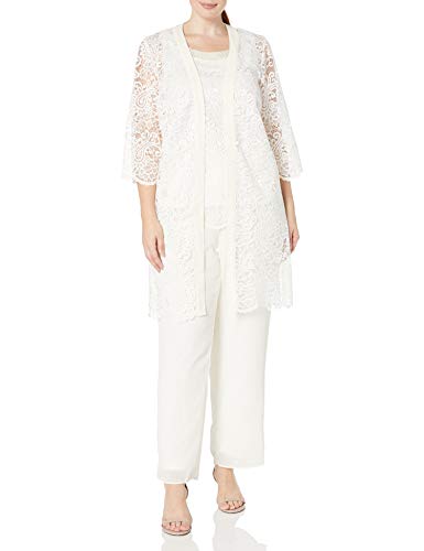 Le Bos Women's Plus Size Embroidered LACE Duster Pantset, Ivory, 24W