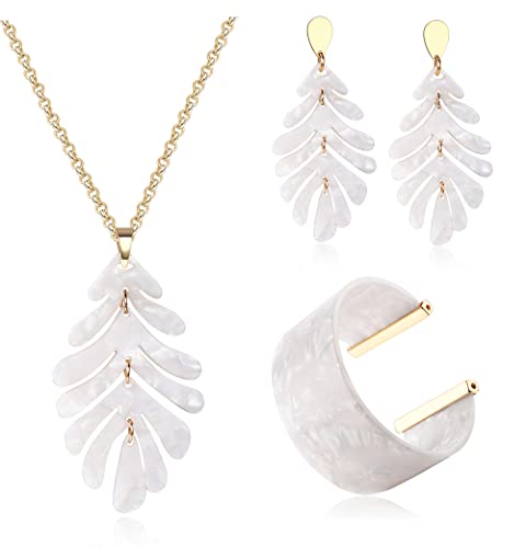 Fansilver Acrylic Jewelry Set For Women Acrylic Pendant Necklace Drop Dangle Leaf Earrings Floral Cuff Bracelets Boho Resin Statement Jewelry Set, White #TOP11