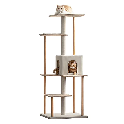 Mwpo Modern Cat Tree - 63-Inch Luxury Wood Cat Tower For Indoor Cats, Large Perches With Soft Cushions, Cat Condo For Large Cats With Scratching Posts - Beige #TOP8