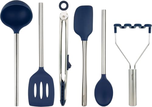 Image of Tovolo Silicone Cooking Utensil Set of 6 Stainless Steel Handle Ladle Slotted Turner Tongs Flex Core Spatula Scraper Mixing Spoon & Potato Masher, Dishwasher Safe BPA Free Utensils, Deep Indigo