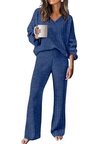 RUMIA Two Piece Sets for Women Loose Fit Fall Outfits Comfy Sweater Lounge Sets Sweatsuits Airport Outfits Navy 2XL