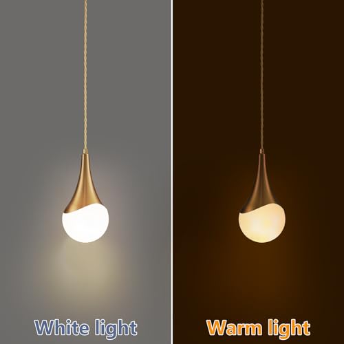 Image of MWZ Gold Plug in Pendant Light,Hanging Lights with Plug in Cord On /Off Switch, Mini Brass Pendant Lights for Kitchen Island,1-Light Modern Raindrop Chandelier Lamps with Milky White Globe Glass Shade