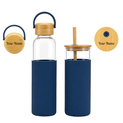 Image of Giftana Personalized Borosilicate Glass Water Bottle 500ml with Glass Sipper Tumbler 450ml, Reusable Leakproof Drinking Bottle with Silicone Sleeve, Eco-Friendly Bottle for Office Gym Travel (Blue)