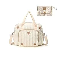 QualfsTerric Baby Nappy Changing Bag Cotton Quilted Diaper Bag with Adjustable Strap Cute Bear Diaper Bag Multi Pocket Mum Bag for Travel, Hospital, Stroller (Bear Print - foldable diaper pad)
