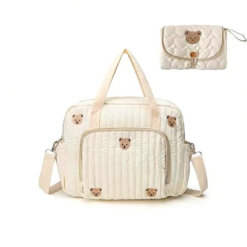 QualfsTerric Bolsa de pañales para bebé, bolsa de pañales mediana con correa ajustable, de algodón, multifuncional, para maternidad, cambio de bebé, viajes, playa, Bear Print - Pañal plegable, Large