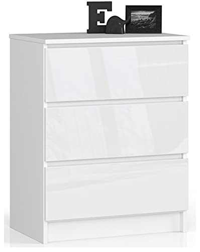 AKORD Commode K60 avec 3 tiroirs | Commode Classique pour La Chambre, Salon | Meuble de Rangement | L60 x H77 x P40 cm | Poids 25 kg | Blanc/Blanc Brillant