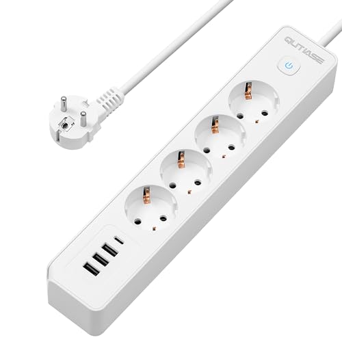 Regletas Enchufes USB C, Regleta de Protección contra Sobretensiones 4-Fold 3680W con Interruptor, Base de Enchufe Múltiple con 4 USB para Montaje en Pared, Cable de 1.8M - Blanco