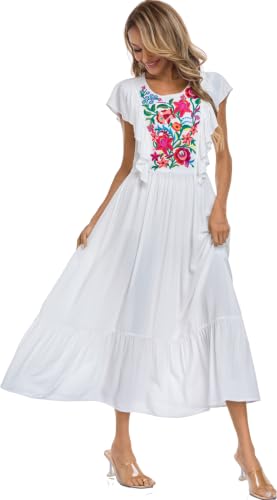Image of Women's Summer Maxi Dress Casual Floral Embroidered Round Neck Short Sleeve Ruffle Tiered Dress Flowy Boho Beach Sundress