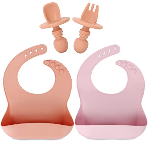 Image of AULEGE Silicone Baby Bibs Set of 2, Spoon Fork, BPA Free Soft Durable Adjustable Waterproof Silicone Feeding Bibs for Babies and Toddlers 6+month (Muted/Peach)