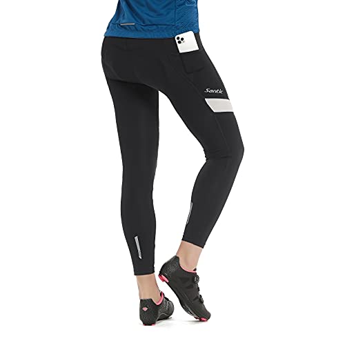 Santic Women's Bike Pants 4D Padded Cycling Tights High Waisted Bicycle Trousers with Pockets Biking Apparel UPF 50+ A-Black