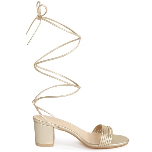 Allegra K Women's Sparkle Strappy Gold Lace Up Block Heels Sandals 8 M US