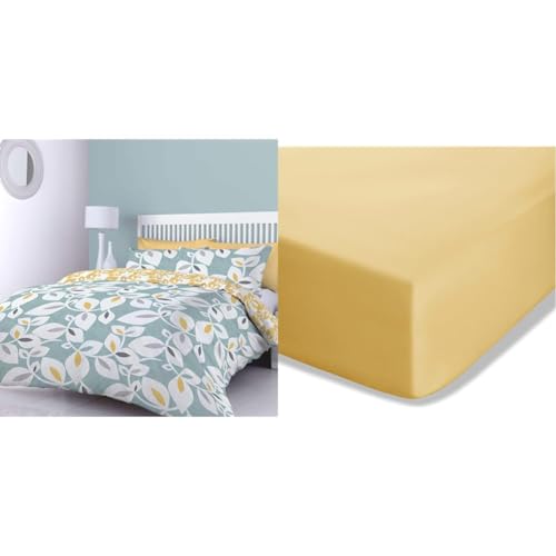 Catherine Lansfield Inga Leaf Reversible King Duvet Cover Set with Pillowcases Teal Green & Easy Iron Percale Combed King Fitted Sheet Ochre Yellow
