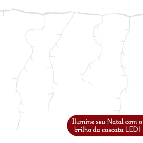 Cascata LED de Natal 127V - 4,3m com 240 LEDs Branco Quente, 8 Funções, Fio Transparente, Decoração