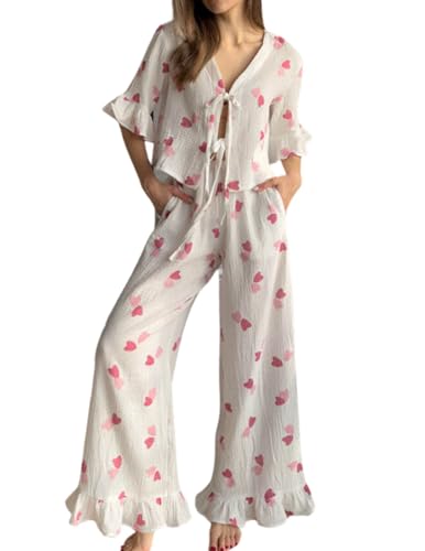 Womens Cotton Pajama Set Ruffle 2 Piece Tie Front Shirt and Long Pants Cute Printed Sleepwear