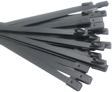 PVC Coated Color T316 Stainless Steel Wire Cable Zip Ties Metal Heavy Duty Exhaust Wrap Ball Lock Band Tie Wraps Sizes 8”, 12”, 14”, 18"" (100, Black 8""(4.6 x 200 mm))