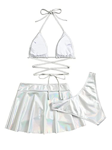 Flatterme 3 Pack Metallic Triangle Bikini Swimsuit With Beach Skirt Criss Cross Halter Cheeky Beachwear(22003-Silver-L) #TOP2