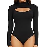 Joyshaper Bodysuit for Women Long Sleeve High Neck Bodysuit Top Thong Body Suit with Snap Closure Black M