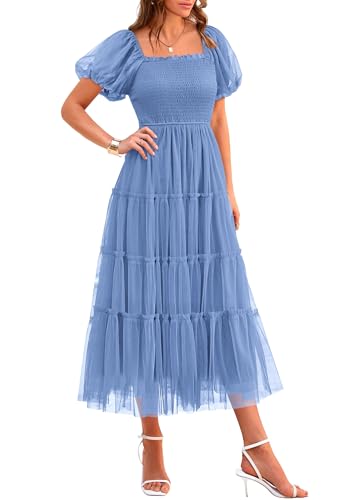 PRETTYGARDEN Women's Smocked Midi Tulle Dress 2026 Summer Puffy Short Sleeve Square Neck Ruffle Wedding Guest Party Dresses (Sky Blue,Large)
