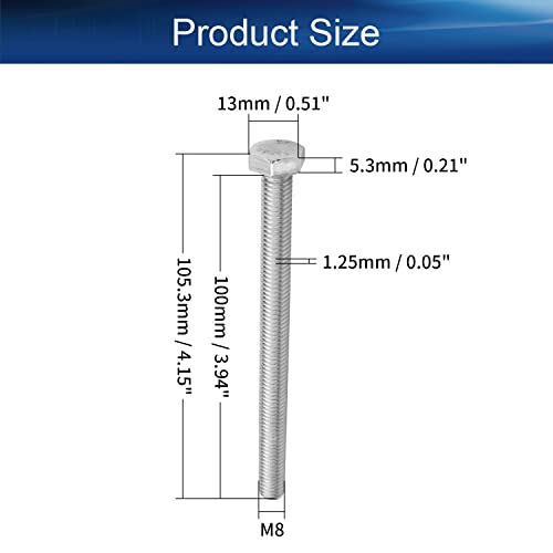 Image of Bettomshin 5Pcs M8 x 100mm Hex Bolts, 304 Stainless Steel 1.25mm Thread Pitch Fully Threaded Metric Hex Head Screw Bolts, Hexagon Screw Bolt, Hex Tap Bolts, Silver, A2-70 (Overall Size 105.3x13x13mm)