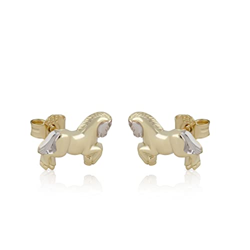 Pendientes de oro amarillo 585 de 14 quilates con motivo de caballo NKlaus para niñas y damas