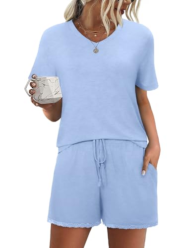 Litherday Schlafanzug Damen Kurz Zweiteiliger Pyjama Set Sommer Spitze Nachtwäsche Baumwolle Shorty Sleepwear V-Aussschnitt Loungewear Blau XXL
