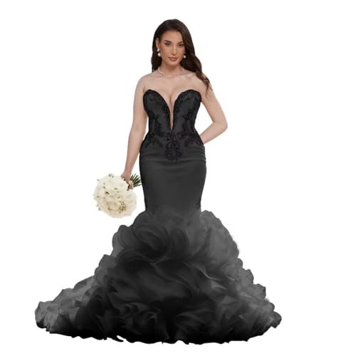 Black Plus Size Wedding Dress Mermaid Crystals Applique Bridal Gown Sweetheart Strapless Boho Wedding Gown