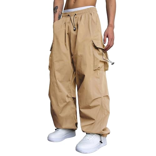 Men's Baggy Cargo Pants Wide Leg Loose Fit Drawstring Waist Parachute Pants Harem Joggers with Pockets for Streetwear3