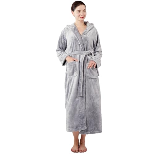 Dowesrobe Womens Fleece Hooded Fluffy Bathrobe Plush Long soft cozy Winner Warm fuzzy Spa Robe with deep pockets (Medium, Steel Gray)