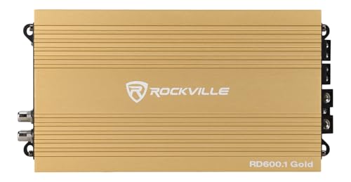 Image of Rockville RD600.1 Gold 1 Ohm Mono Car Amplifier, 600W RMS / 2400W Peak | Compact Class D, Metal Bass Knob, Clipping Indicator, MOSFET Power Supply, 45Hz Bass Boost, Tiffany RCA, Car Audio Amp