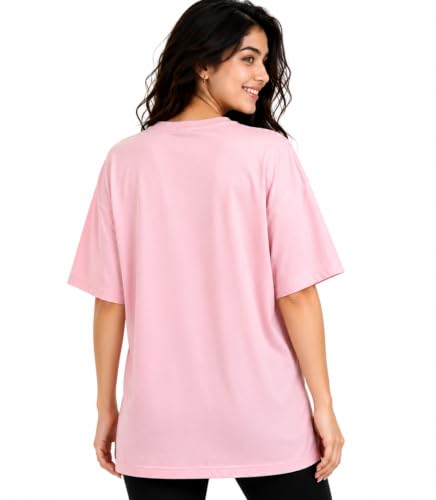 Image of SYARA Oversized Tshirt for Woman Pure Cotton Stretchable | Oversized T Shirt for Women | Premium Breathable Round Neck Half Sleeve Printed Pink Casual T-Shirt