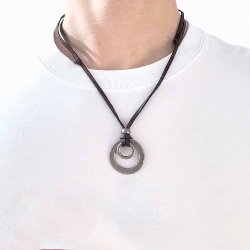 Leather Necklace for Men Double Circle Rings Leather Rope Pendant Necklace Punk Leather Chain Disc Ring Necklace Vintage Jewelry Gift2