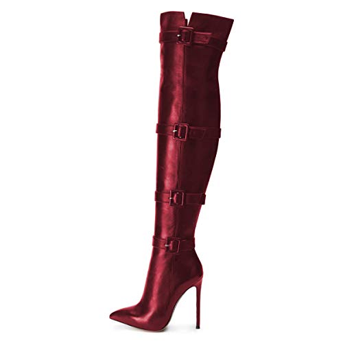 Xyd Women Stiletto High Heel Over The Knee Boots Pointed Toe Buckled Strappy Thigh High Boot Winter Night Club Shoes Size 13 Wine Red-Pu #TOP1