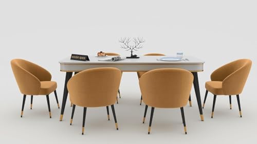 Image of WOODEN SPACE 6-Seater Wooden Dining Table Set | Nano Composite Marble Top | Solid Wood Base | Modern Dining Room Furniture with 6 Chairs (Mustard)