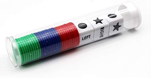 AukeyStar Left Right Center Dice Game in Rounded Case | 30 Chips& 3 Dices - Red/Blue/Green