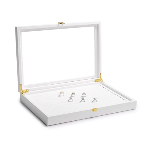 Papten Schmuckset Ringetablett Lederaufbewahrungsbox Mit Transparentem Deckel – Abschließbare Schmuckschatulle Für Mehrere Ringe – Geeignet Für Frauen Und Mädchen (weiß)