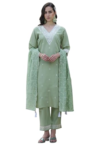 Image of VredeVogel Women's Silk Blend Kurta Pant Set with Chanderi Embroidery Work Dupatta