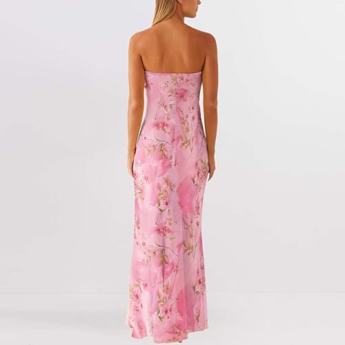 Image of Women Y2k Strapless Maxi Dress Summer Backless Floral Long Tube Dress Off Shoulder Cocktail Party Dress