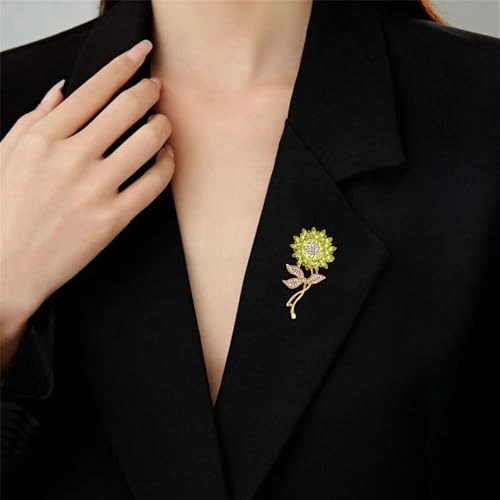 Image of Elegant Sunflower Rhinestone Flower Brooch for Women Gold-Toned Crystal Leaf Daisy Blossom Brooches Lapel Pins Dainty Dress Accessories Wedding Valentine Jewelry