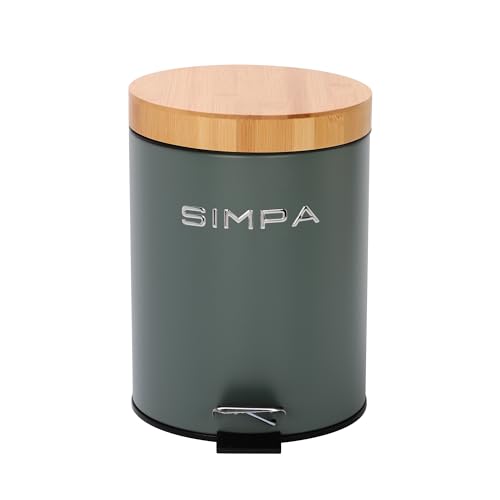simpa 5L 5 Litre Matt Green Slim Soft-Closing Pedal Dustbin with Bamboo Lid