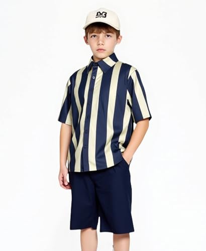Image of Weecreeture Boys Summer 2 Piece Outfits - Short Sleeve Button Down Shirt & Shorts Set - Navy Blue Beige Striped for 13-14 Years