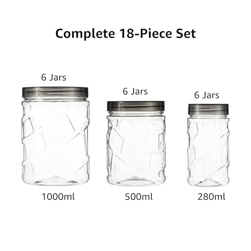 Image of Amazon Brand - Solimo 18-Piece Airtight Food Storage Container Set | Stackable BPA-Free Plastic Jars with Black Caps (280ml, 500ml, 1000ml) for Kitchen Organizer