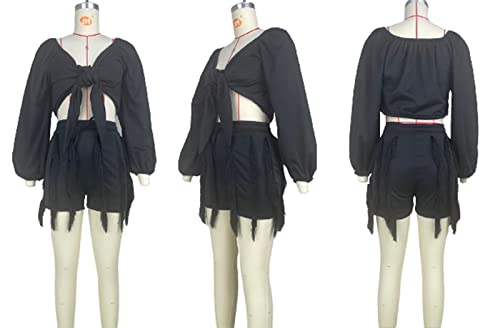 2 Piece Outfits Workout Sets For Women - Vestidos Casuales Juveniles V Neck Tie Front Long Sleeve Crop Tops Fringe Tassel Biker Shorts Sets Beach Vacation Rave Outfits Black, Medium #TOP3