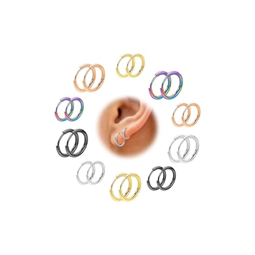 REVOLIA 10 Pairs 20G Surgical Steel Huggie Hoop Earrings for Women Men Hypoallergenic Cartilage Helix Hoop Earrings Lobes Hinged Sleeper Earrings Hoops 6-14mm